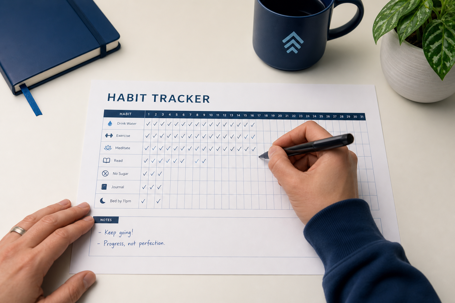 Flexibleboostbac habit tracking calendar on a clean desk